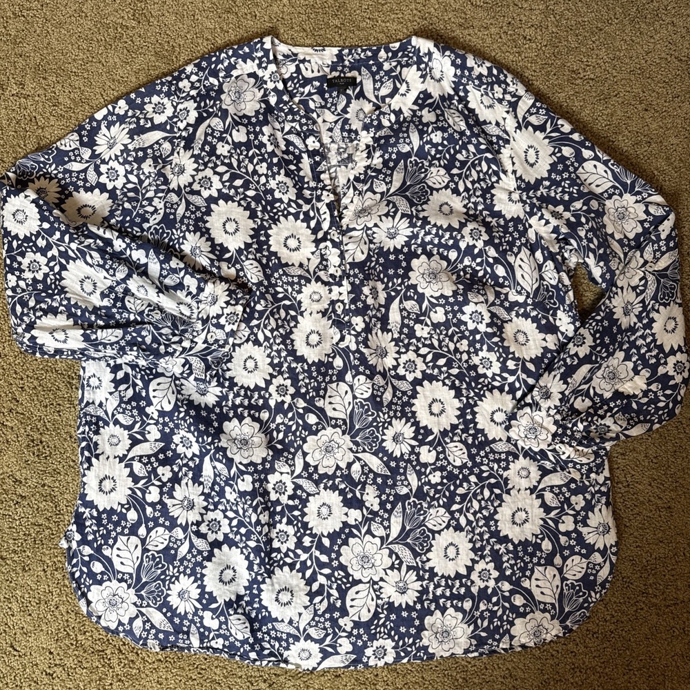 Talbots 2X 100% Linen Navy and White Floral Henley Tunic Top Roll Tab Sleeves